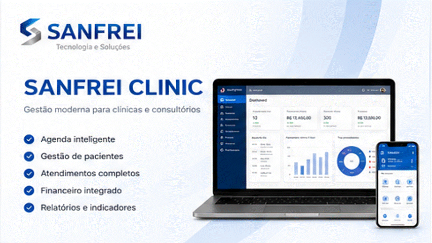 Dashboard animado do Sanfrei Clinic